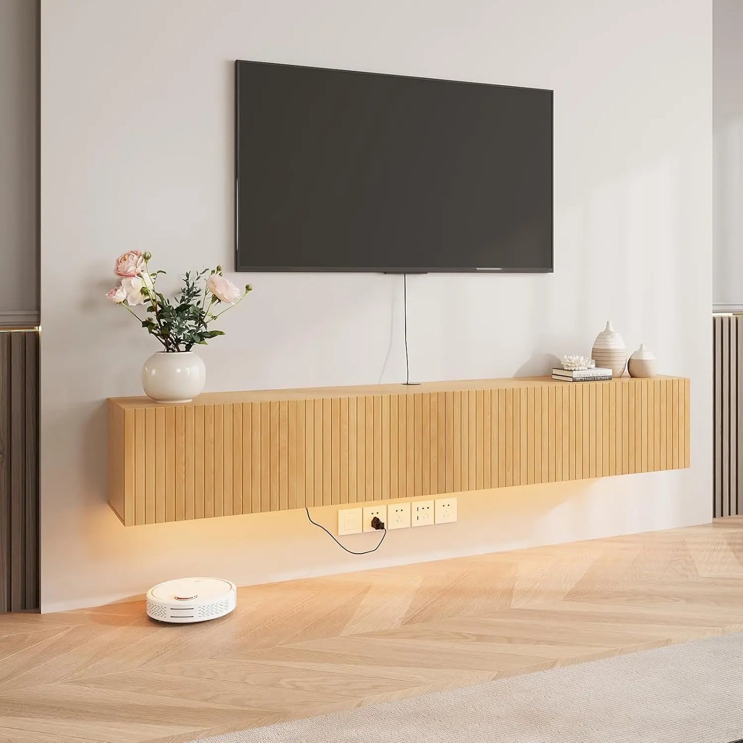 Floating Wall Mounted TV Stand With LED Lighting And Outlet