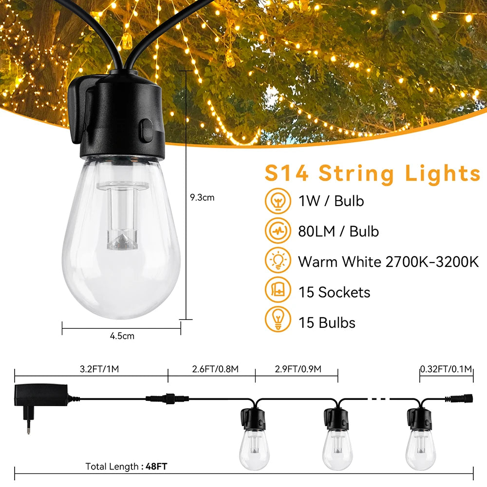 Arbrac 15M LED String Lights Shatterproof Festoon Garland Garden Decor