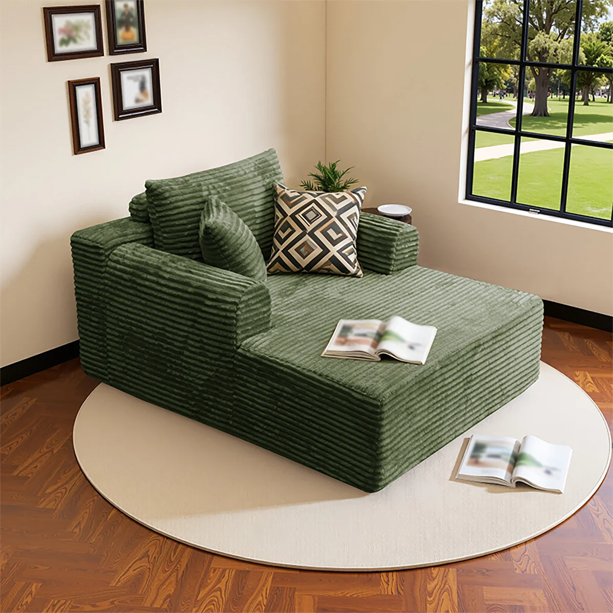 Single Sofa Bed In Corduroy Fabric With Cushions And Pillows