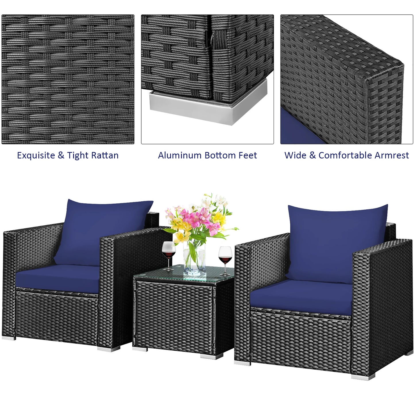 Homasis 3-Piece Outdoor Patio Rattan Wicker Furniture Set With Cushions