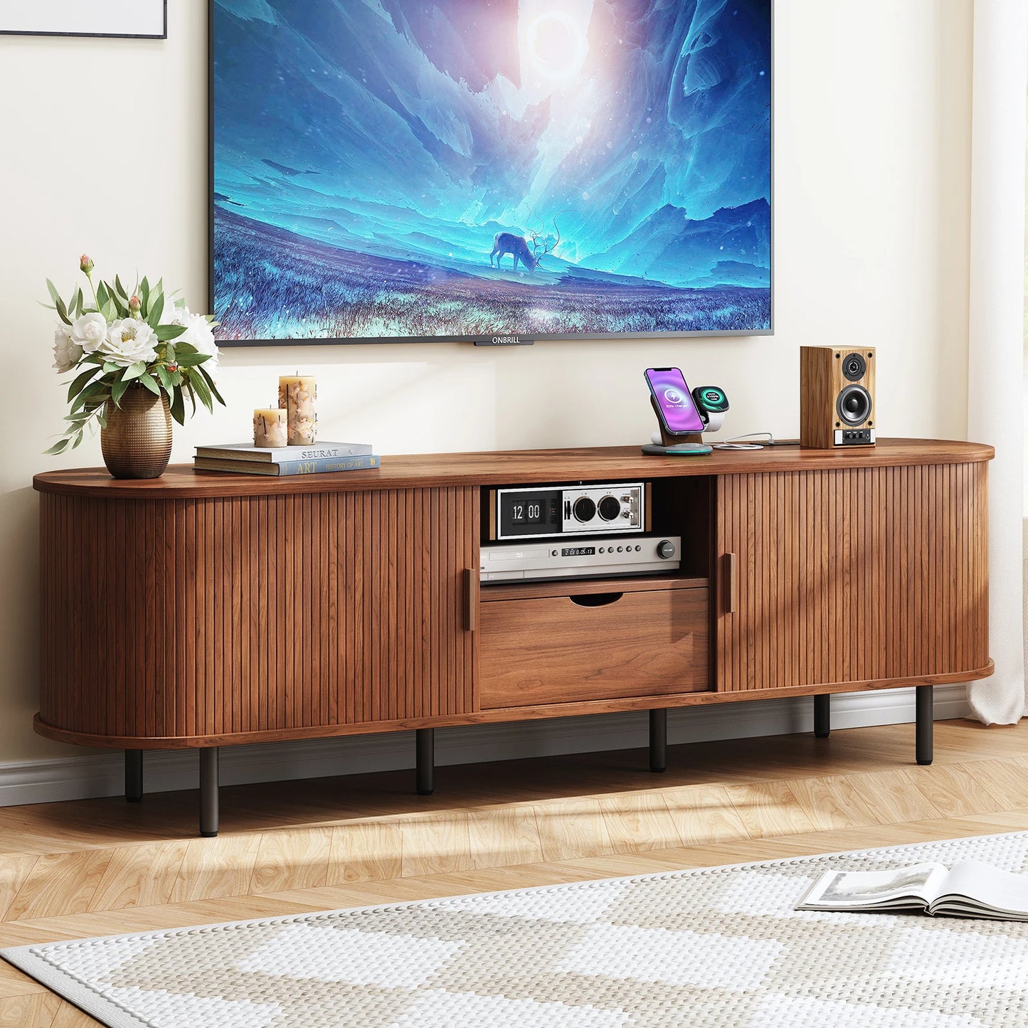 ONBRILL TV Stand With Power Outlet And Adjustable Storage Shelves