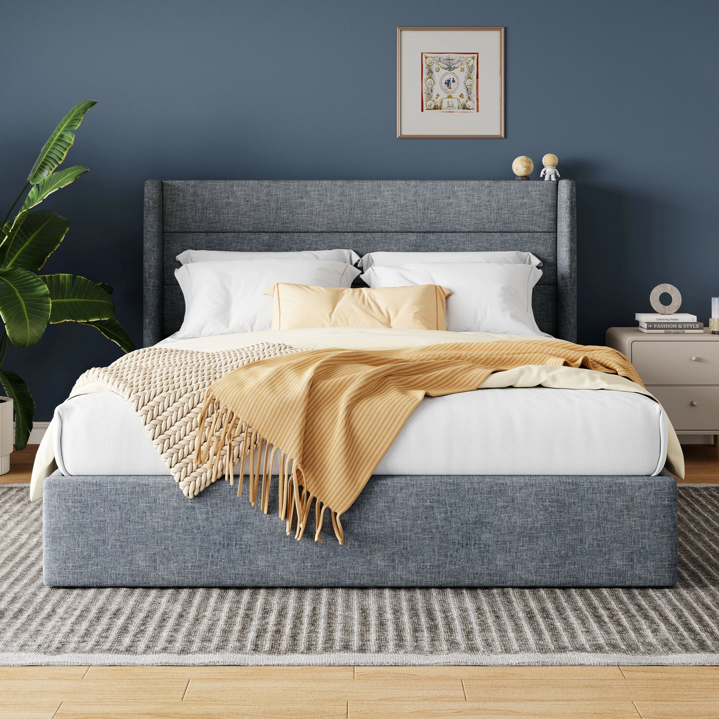 HOOMIC Lift Up Storage Bed With Wingback Headboard Underbed Storage