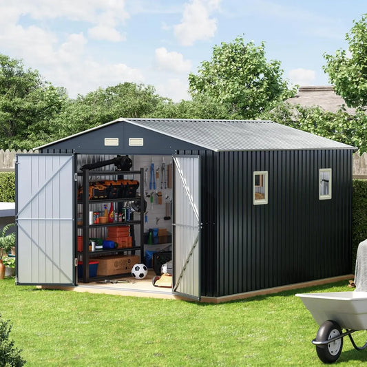 Outdoor Metal Storage Shed With Double Swing Doors And Windows