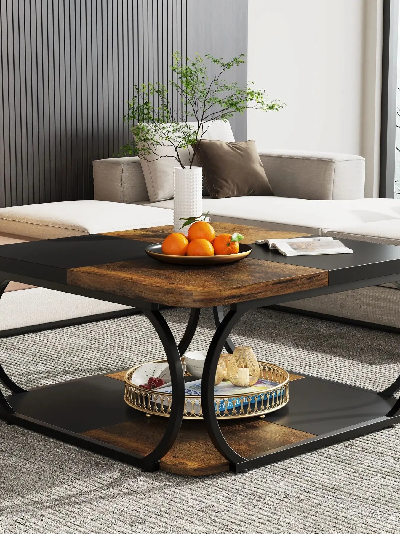 Tribesigns Square Coffee Table Two Tier Wood Storage Shelf