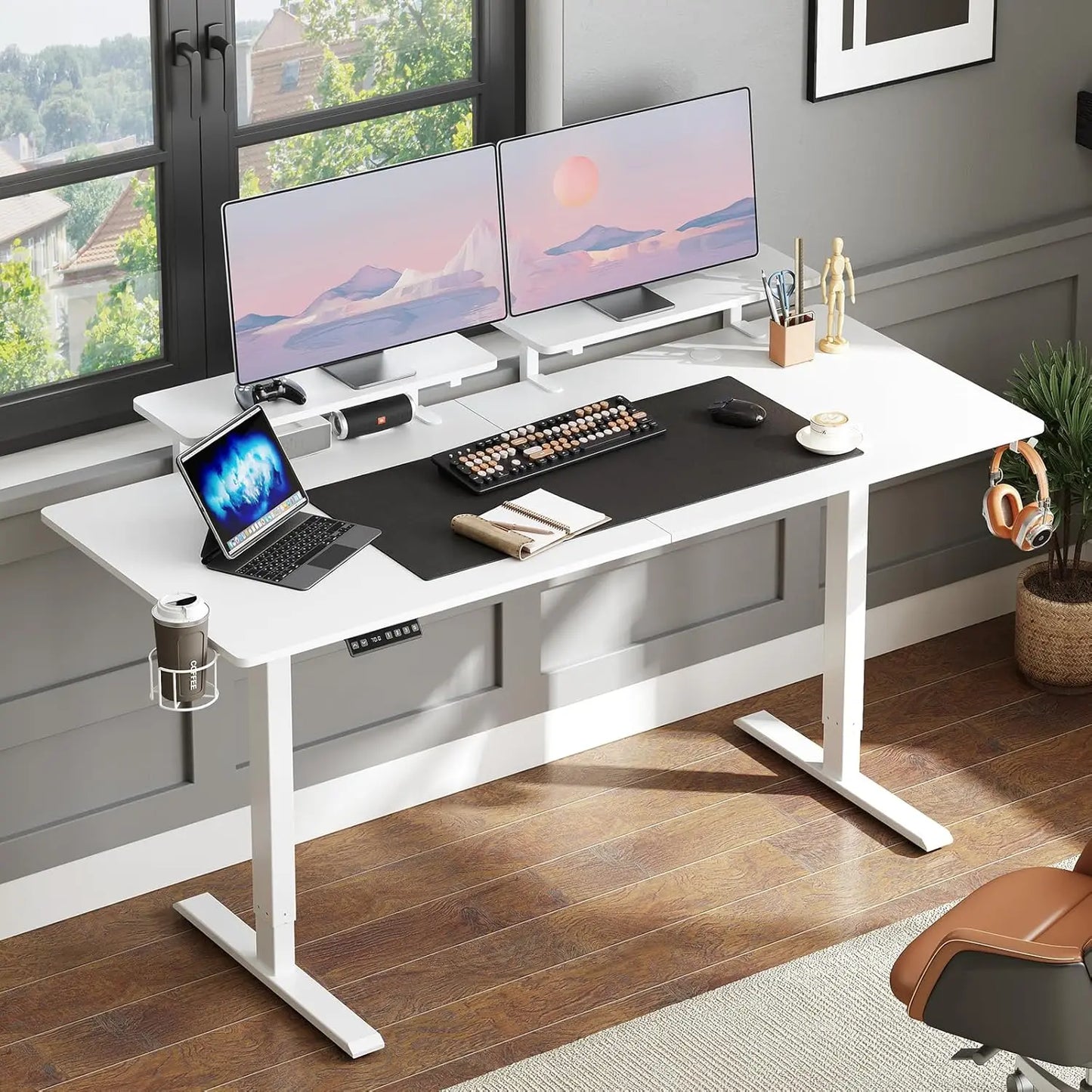 ONBRILL Electric Standing Desk With Memory Controller And Monitor Shelves