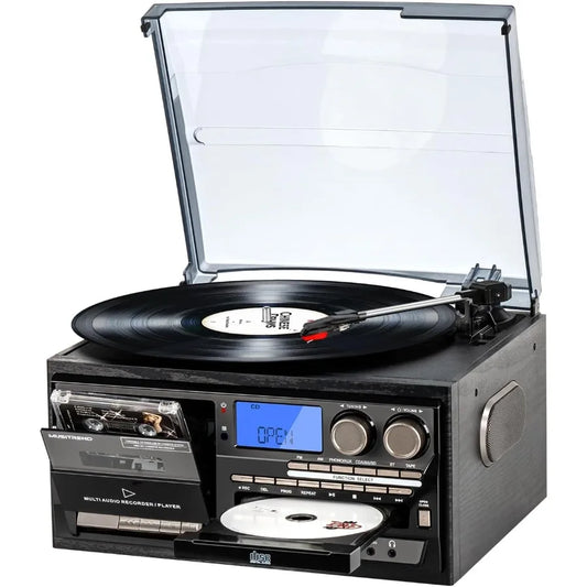SHXI 9-in-1 Vinyl Record Player With 3-Speed Bluetooth AM-FM Radio