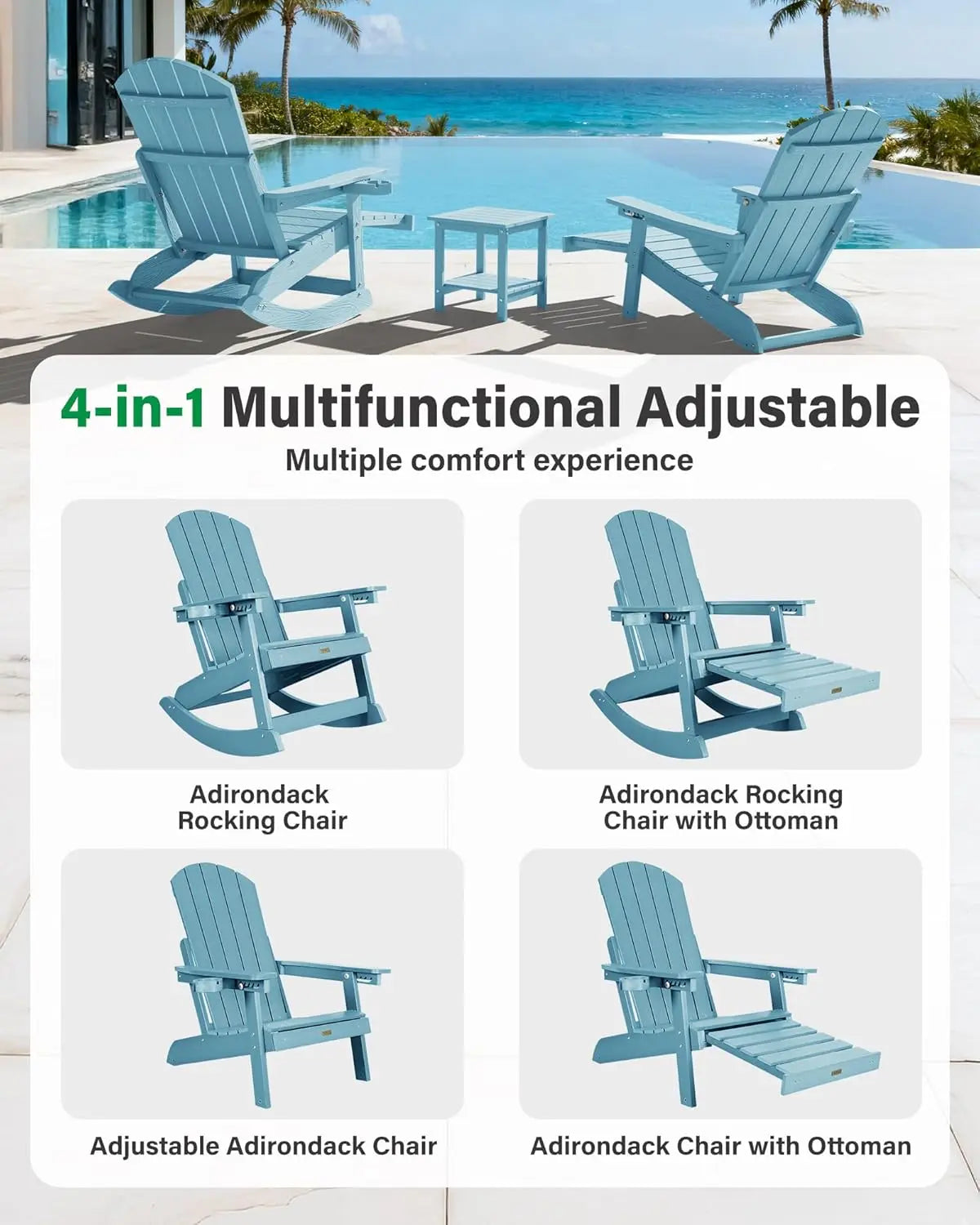 Set of 2 Oversize Adirondack Chairs With Retractable Ottoman