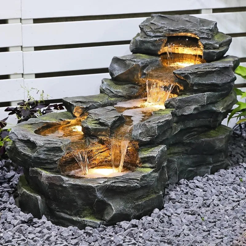 Garden Outdoor Water Fountain Floor Standing Five Tier Waterfall LED
