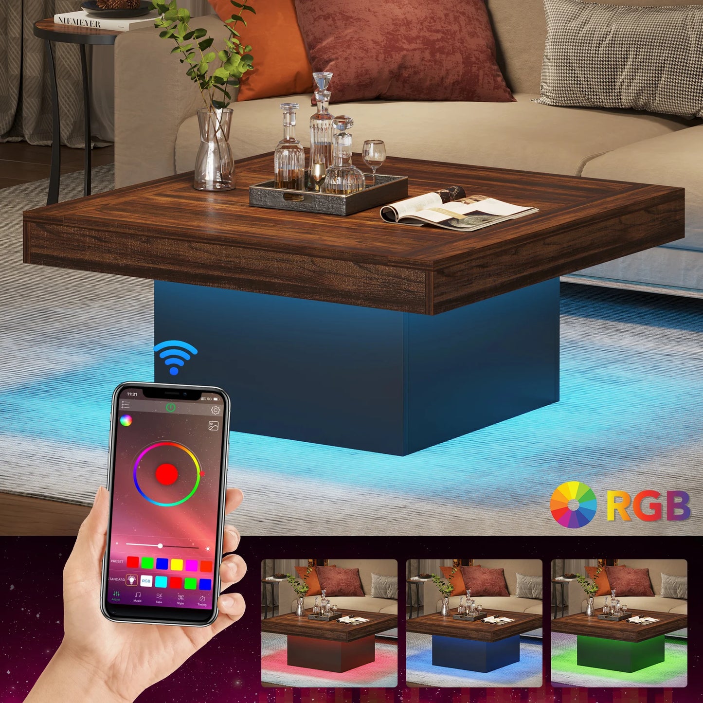 Tribesigns Square LED Coffee Table Engineered Wood