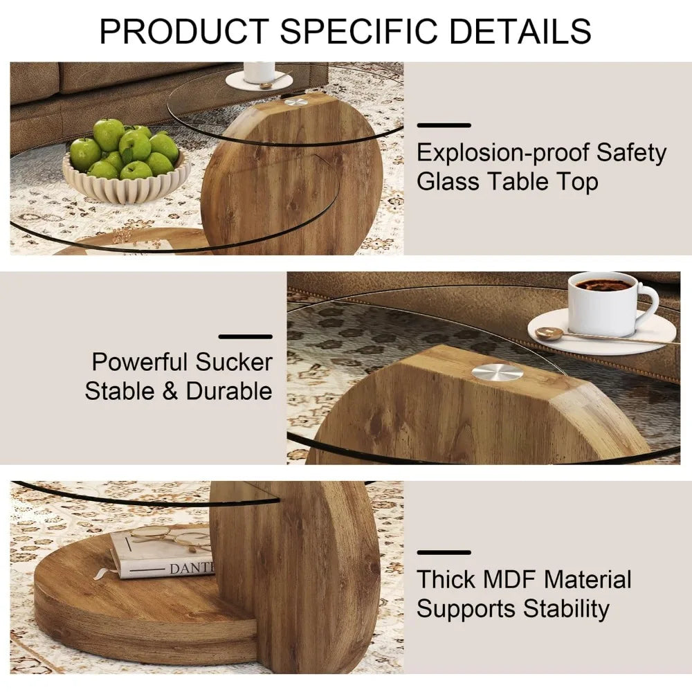 Modern Tempered Glass Coffee Table With Wood 3 Tier Design