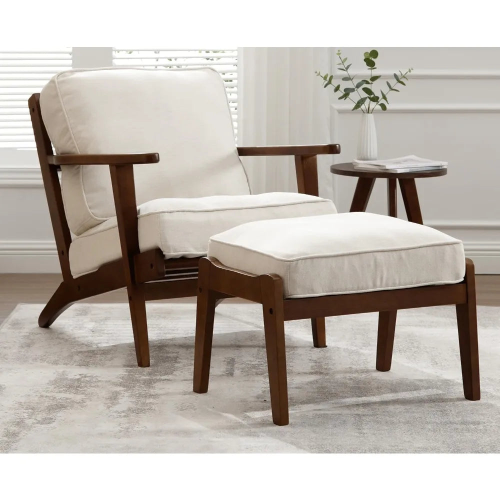 RBXC Mid Century Modern Accent Chair With Ottoman Walnut Linen