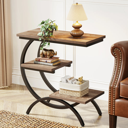 Tribesigns C-Shaped End Table Industrial 3-Tier With Storage Shelves