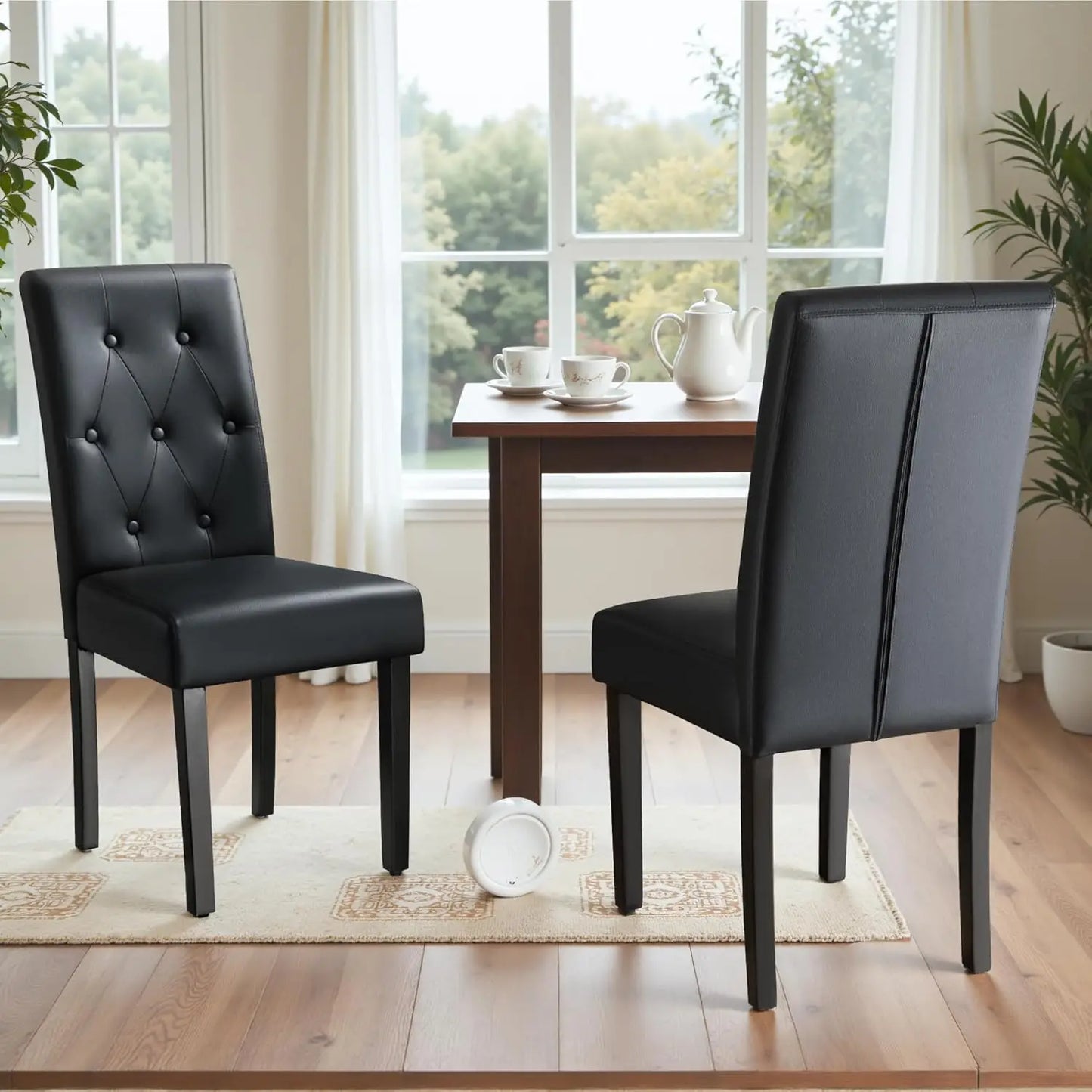 Upholstered Dining Chairs Set Of 4 With Button Tufted PU Leather And Wood Legs