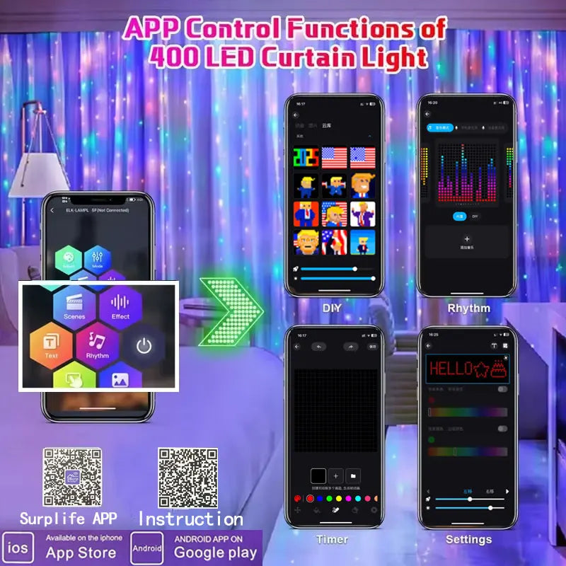 GCTECHING 400 LED Curtain Lights With App Remote Music Sync
