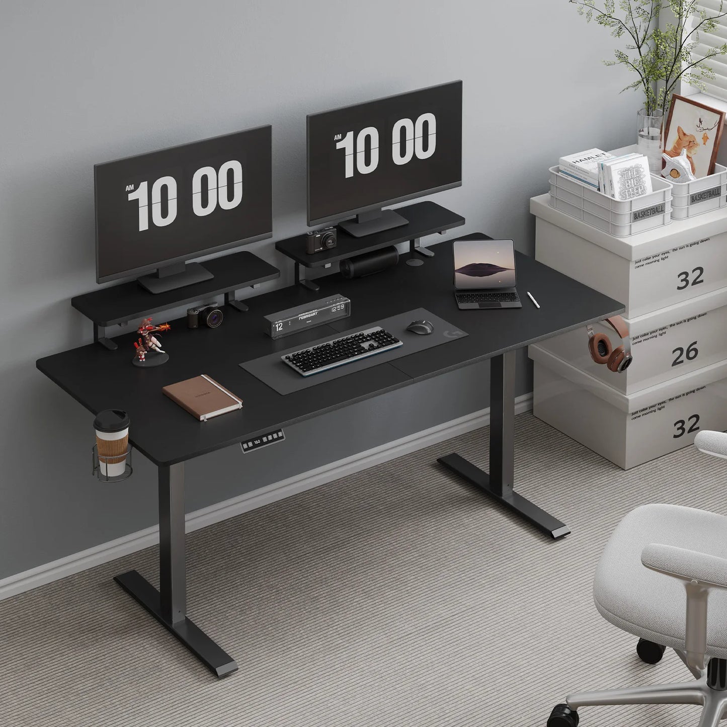 ONBRILL Electric Standing Desk With Memory Controller And Monitor Shelves
