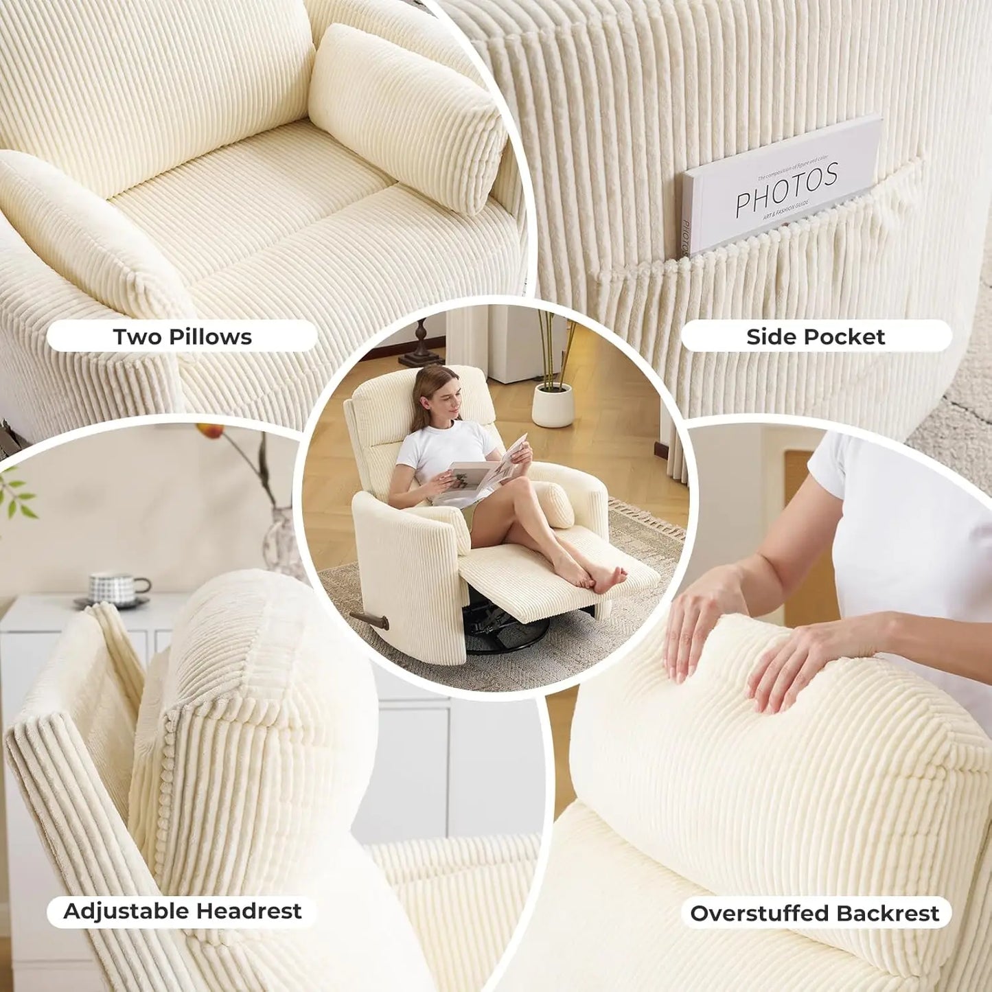 Swivel Rocker Recliner With Massage And Heat Adjustable Headrest