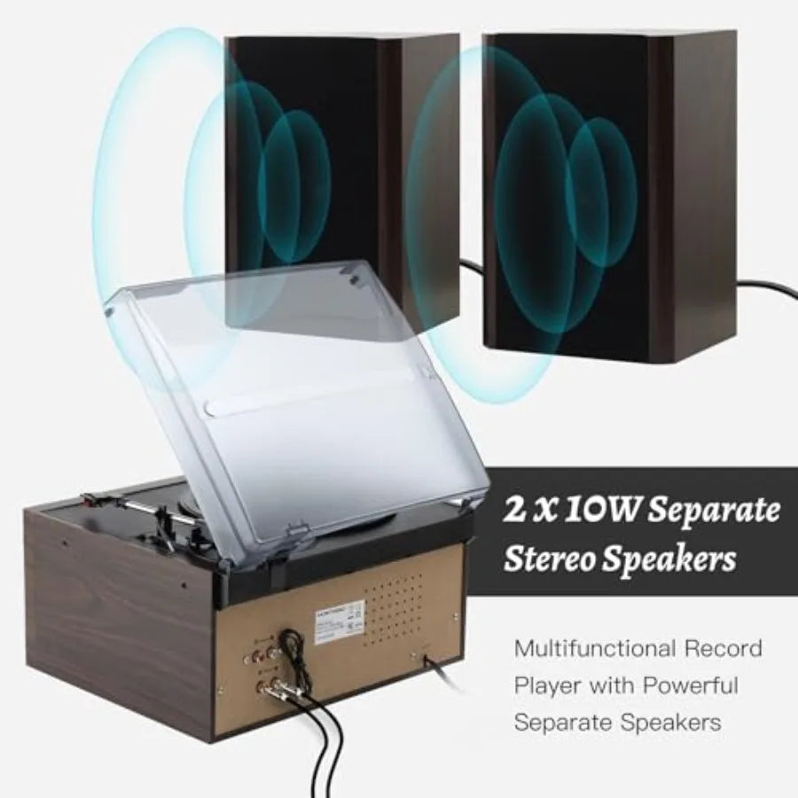 SHXI 10-in-1 Bluetooth Turntable with External Speakers