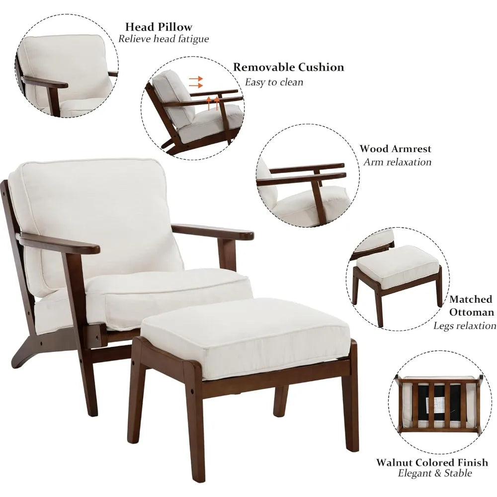 RBXC Mid Century Modern Accent Chair With Ottoman Walnut Linen