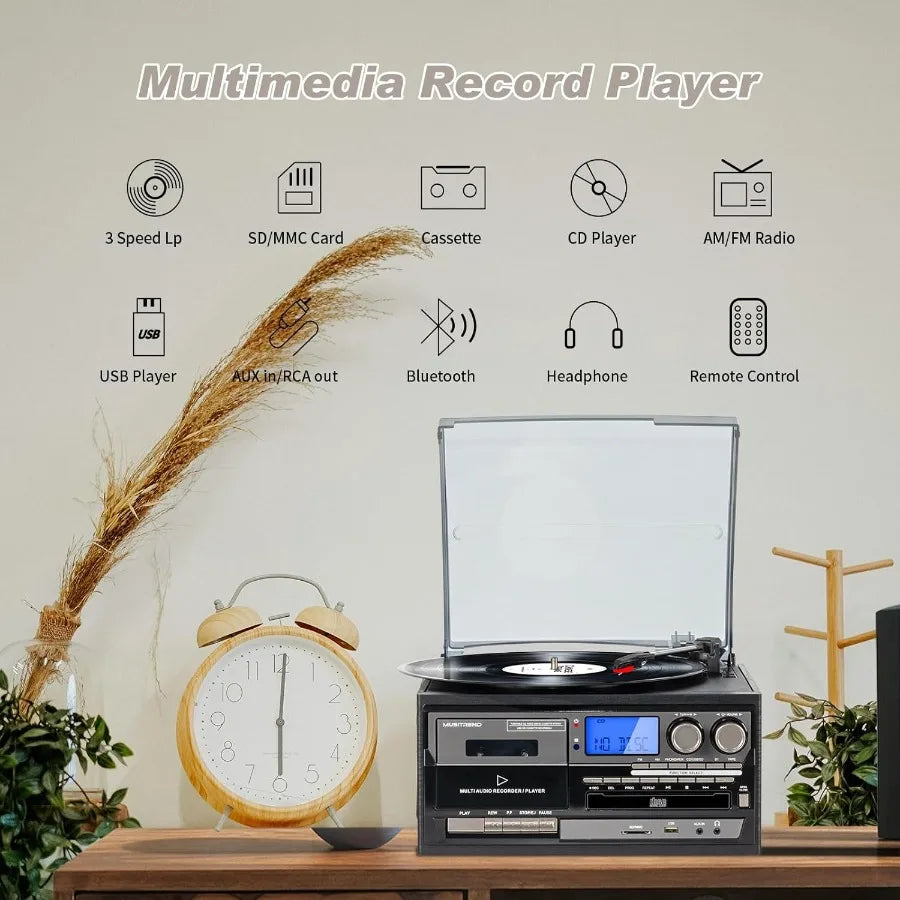 SHXI 9-in-1 Vinyl Record Player With 3-Speed Bluetooth AM-FM Radio