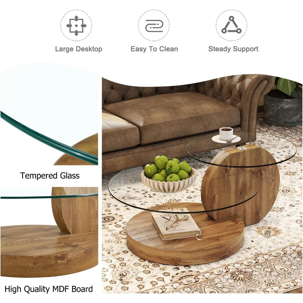 Modern Tempered Glass Coffee Table With Wood 3 Tier Design