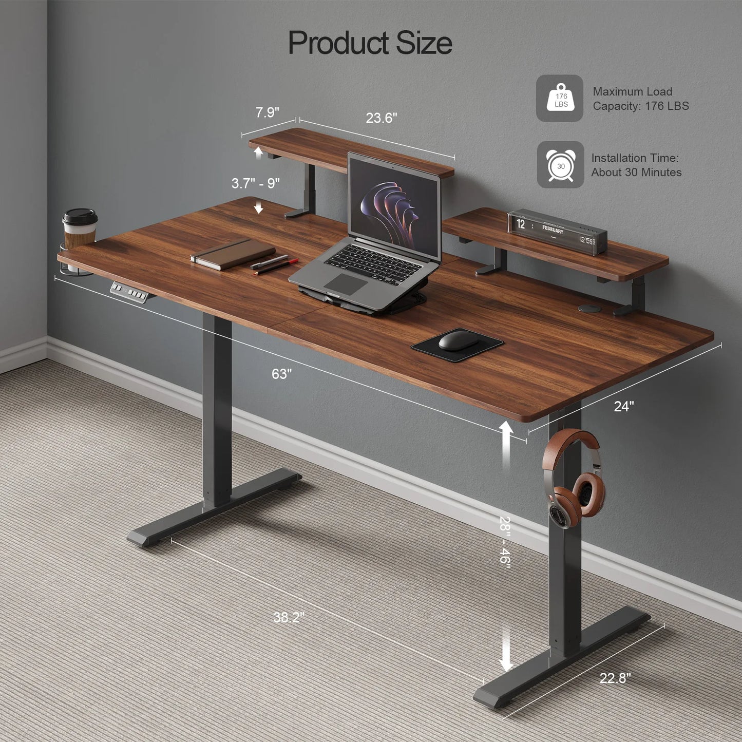 ONBRILL Electric Standing Desk With Memory Controller And Monitor Shelves
