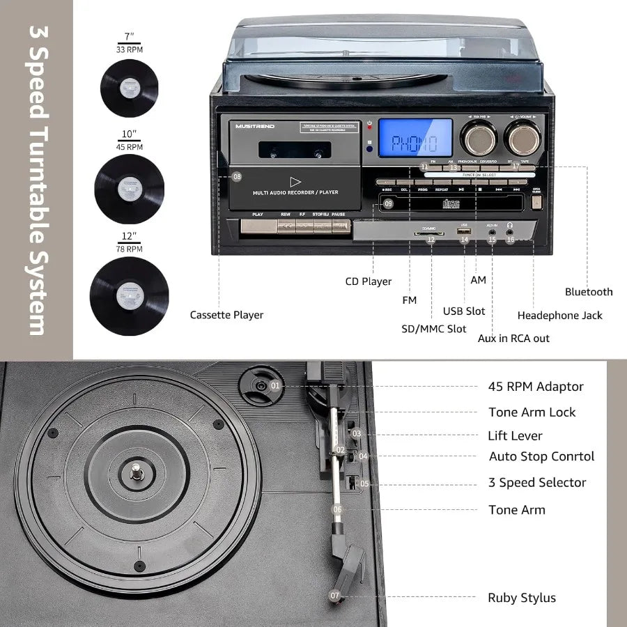 SHXI 9-in-1 Vinyl Record Player With 3-Speed Bluetooth AM-FM Radio