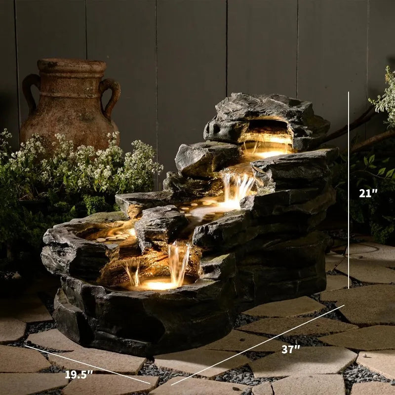 Garden Outdoor Water Fountain Floor Standing Five Tier Waterfall LED