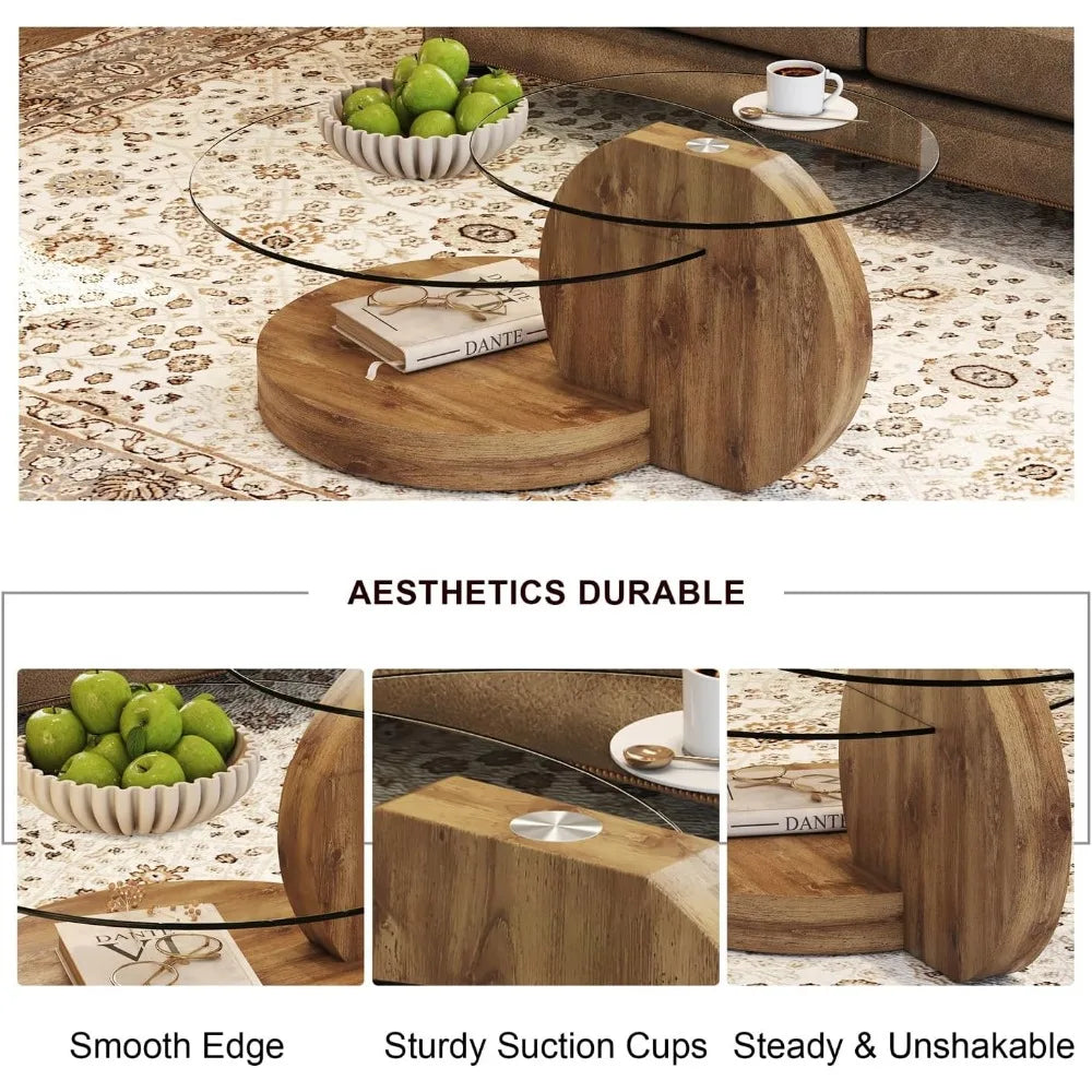 Modern Tempered Glass Coffee Table With Wood 3 Tier Design