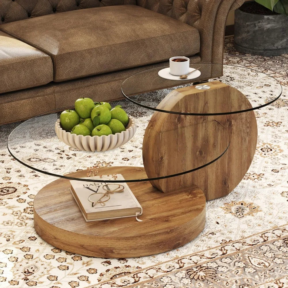 Modern Tempered Glass Coffee Table With Wood 3 Tier Design