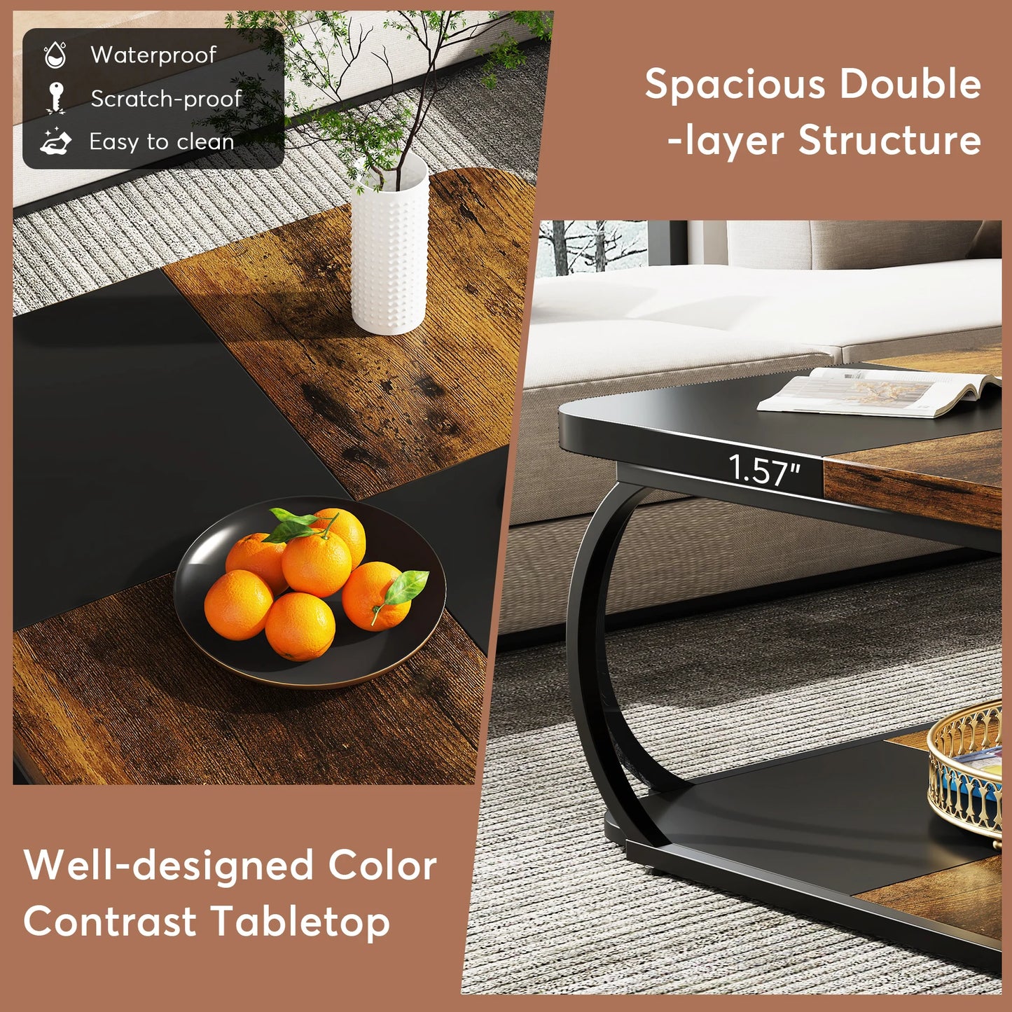 Tribesigns Square Coffee Table Two Tier Wood Storage Shelf
