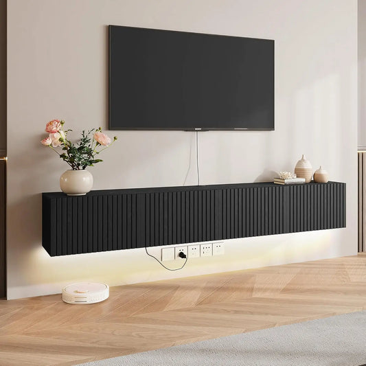 Floating Wall Mounted TV Stand With LED Lighting And Outlet