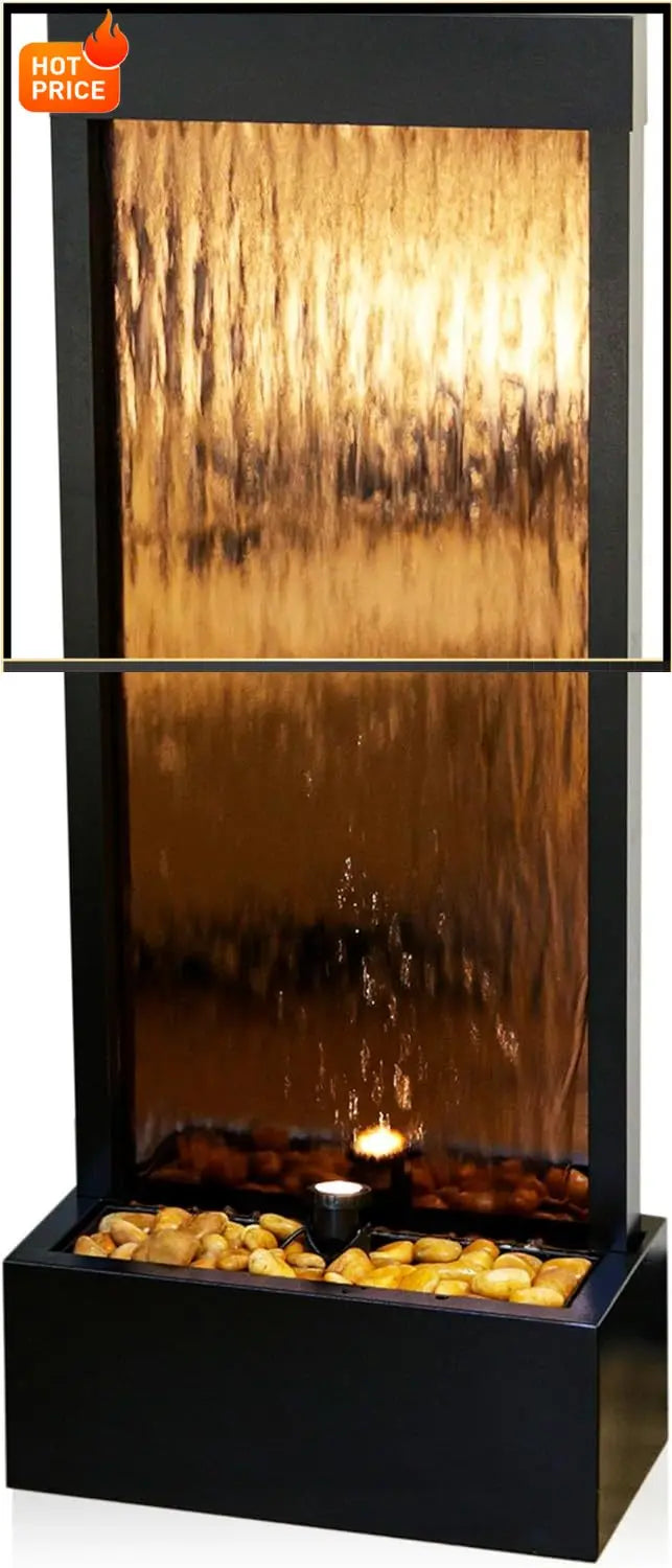 Mirror Waterfall Fountain With Stones And Lights For Zen Decor