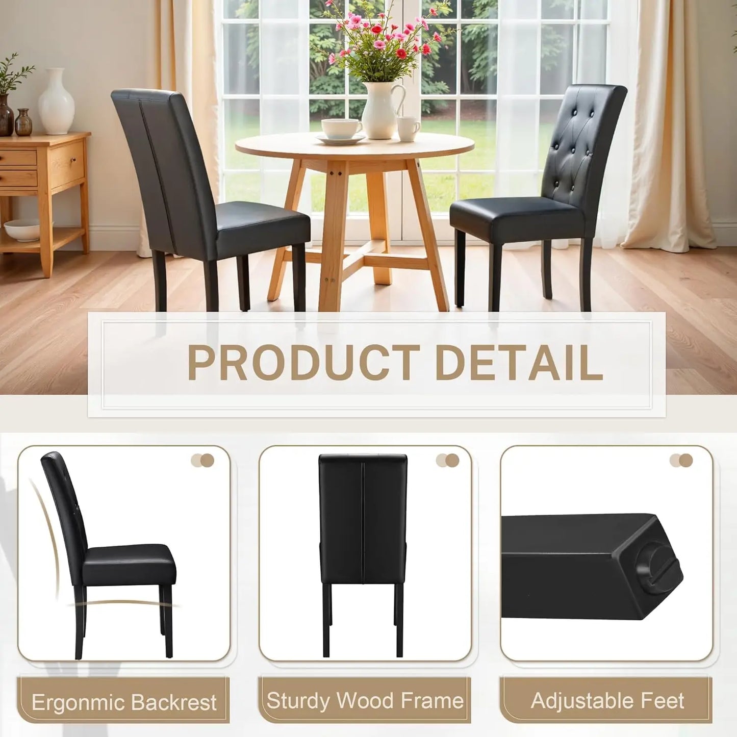 Upholstered Dining Chairs Set Of 4 With Button Tufted PU Leather And Wood Legs