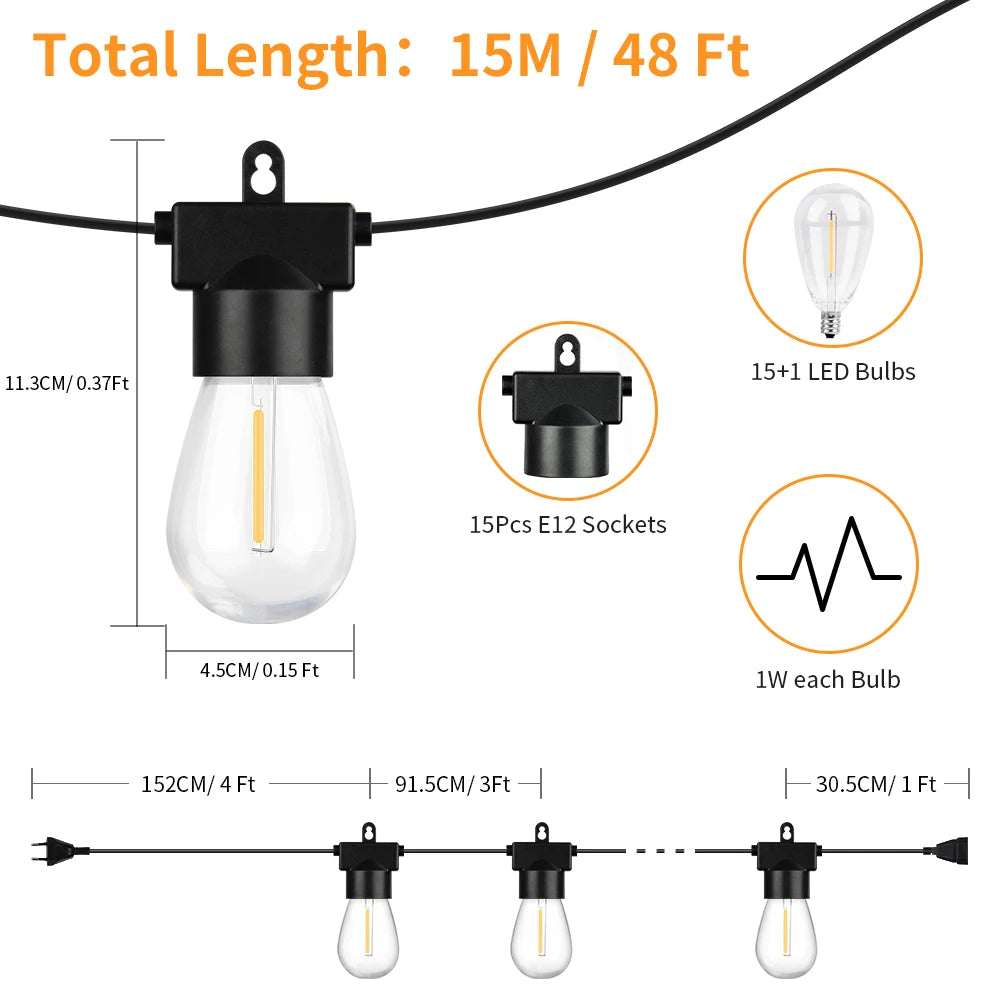 Arbrac 15M LED String Lights Shatterproof Festoon Garland Garden Decor