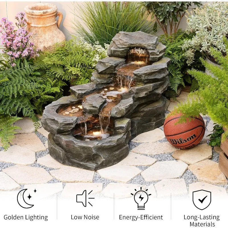 Garden Outdoor Water Fountain Floor Standing Five Tier Waterfall LED