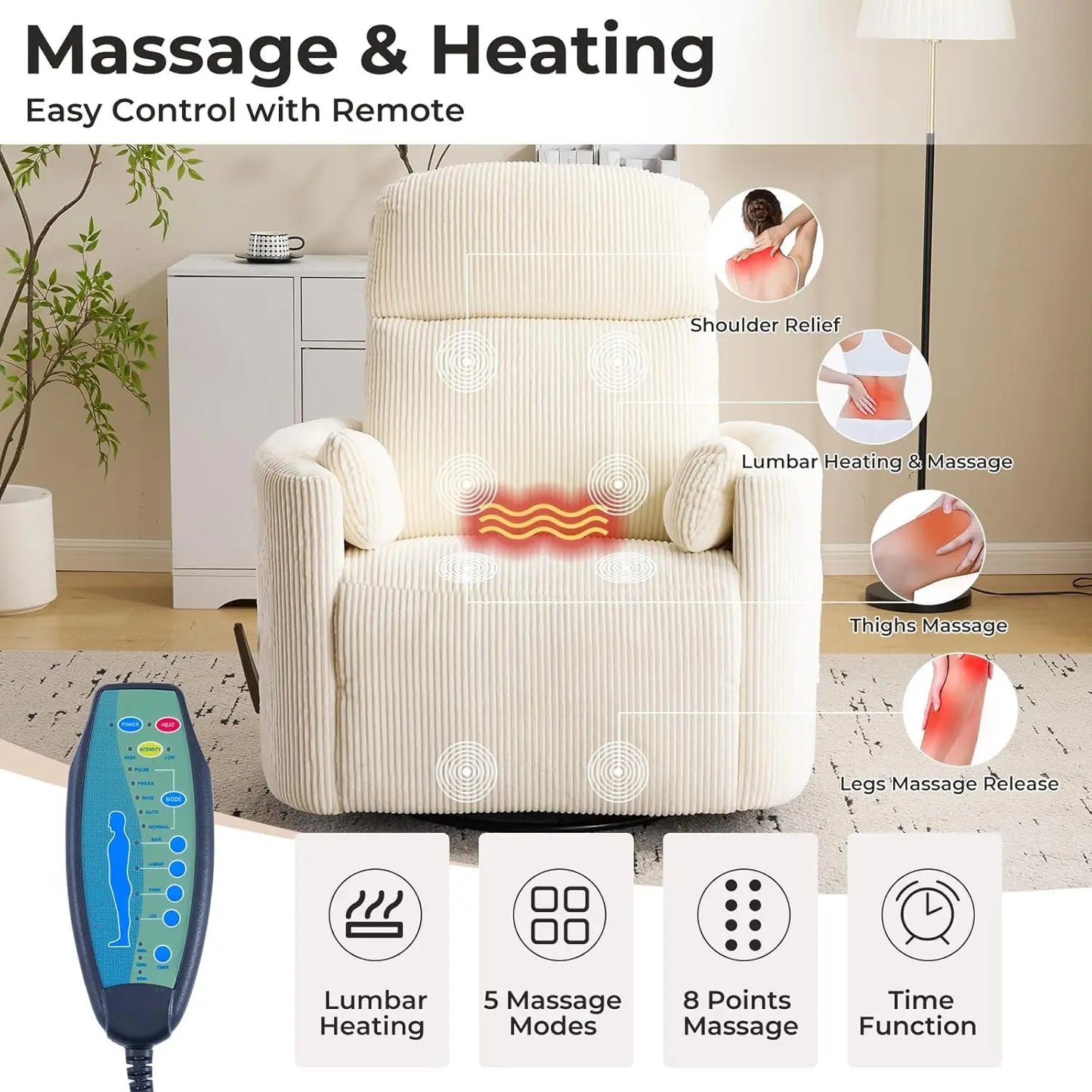 Swivel Rocker Recliner With Massage And Heat Adjustable Headrest