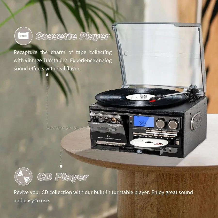 SHXI 9-in-1 Vinyl Record Player With 3-Speed Bluetooth AM-FM Radio