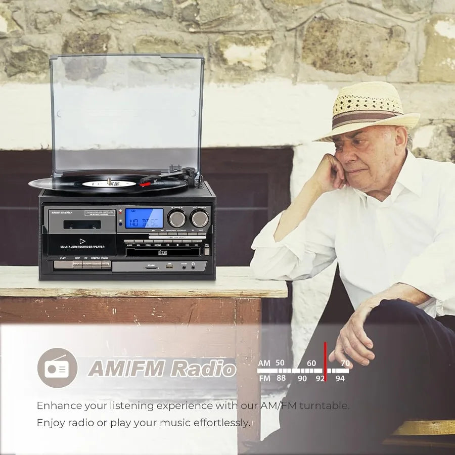 SHXI 9-in-1 Vinyl Record Player With 3-Speed Bluetooth AM-FM Radio