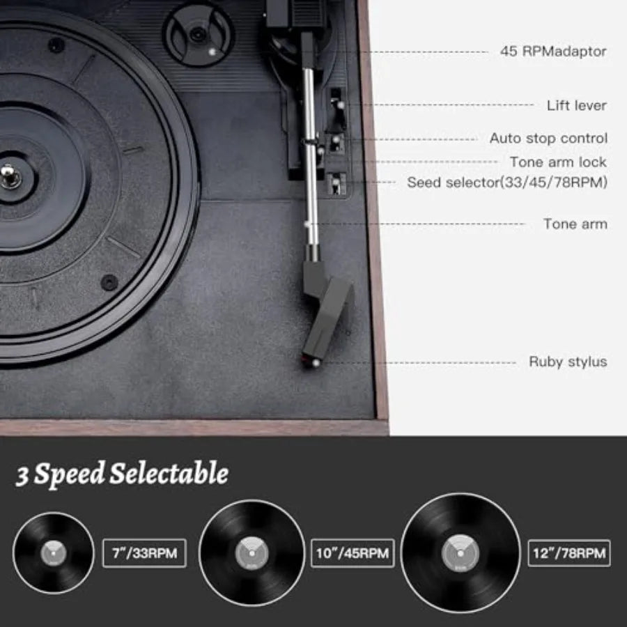 SHXI 10-in-1 Bluetooth Turntable with External Speakers