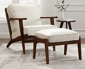 RBXC Mid Century Modern Accent Chair With Ottoman Walnut Linen