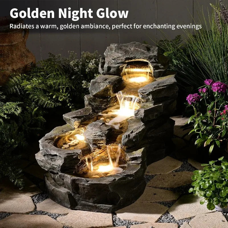 Garden Outdoor Water Fountain Floor Standing Five Tier Waterfall LED