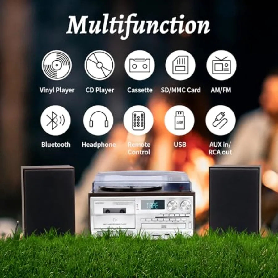 SHXI 10-in-1 Bluetooth Turntable with External Speakers