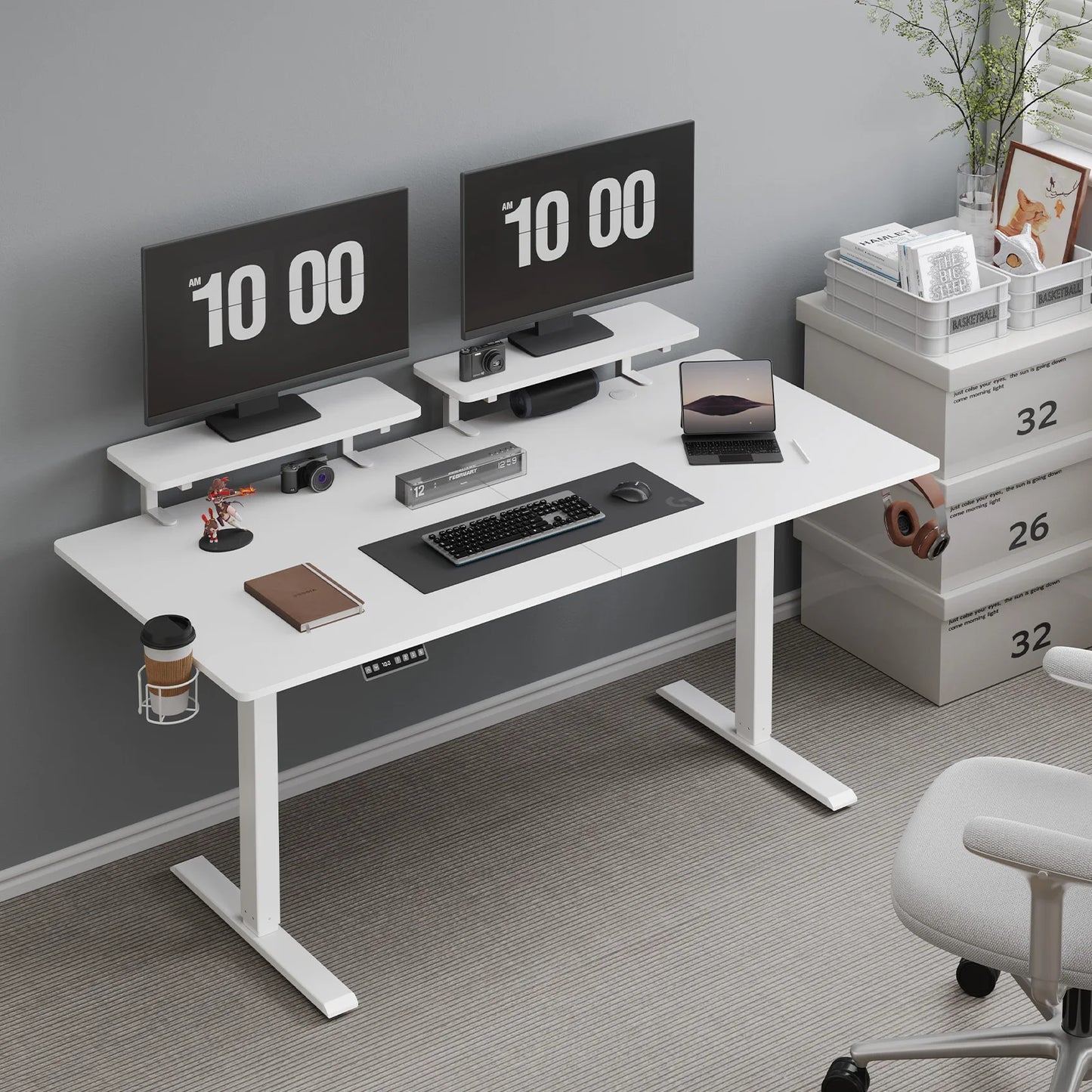 ONBRILL Electric Standing Desk With Memory Controller And Monitor Shelves