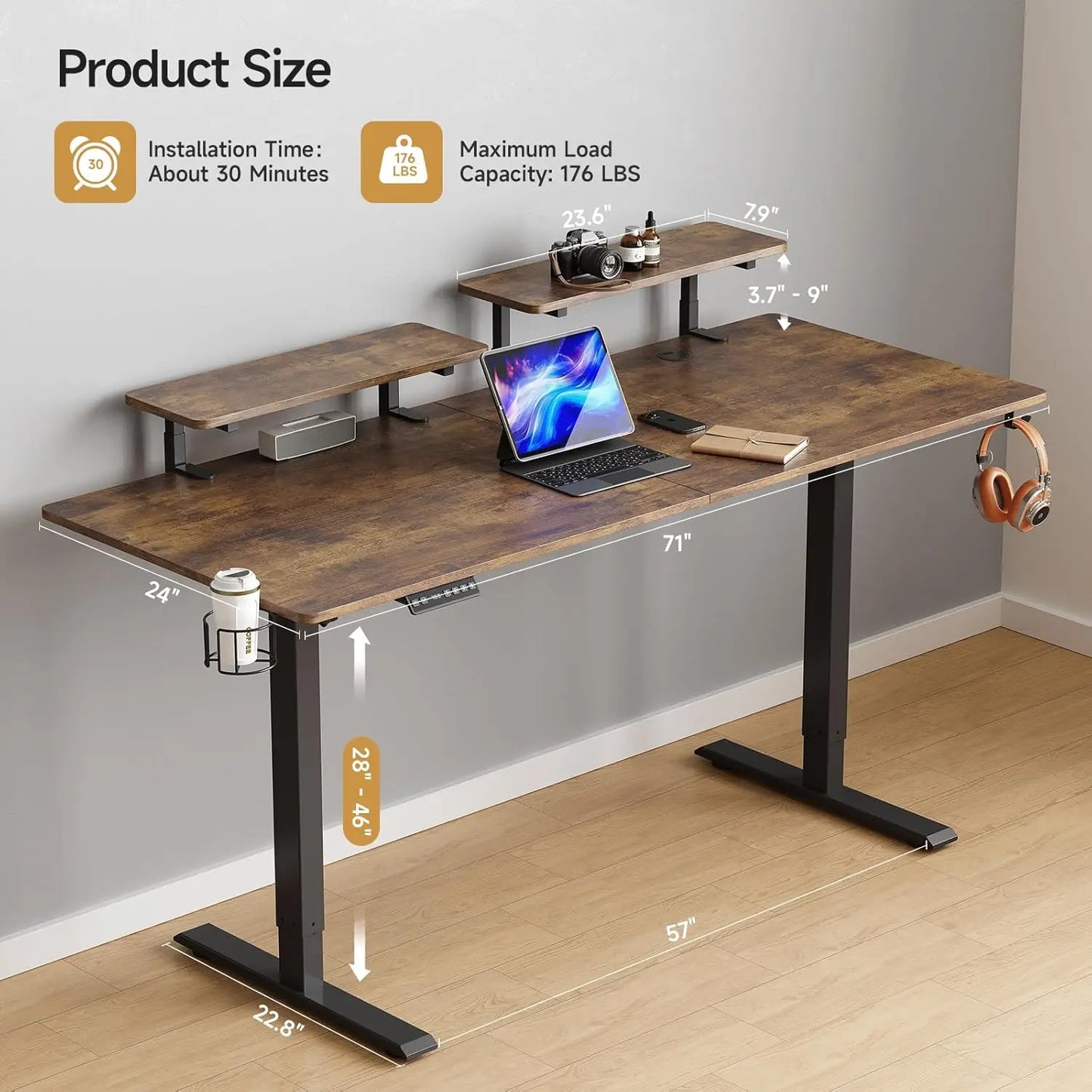 ONBRILL Electric Standing Desk With Memory Controller And Monitor Shelves