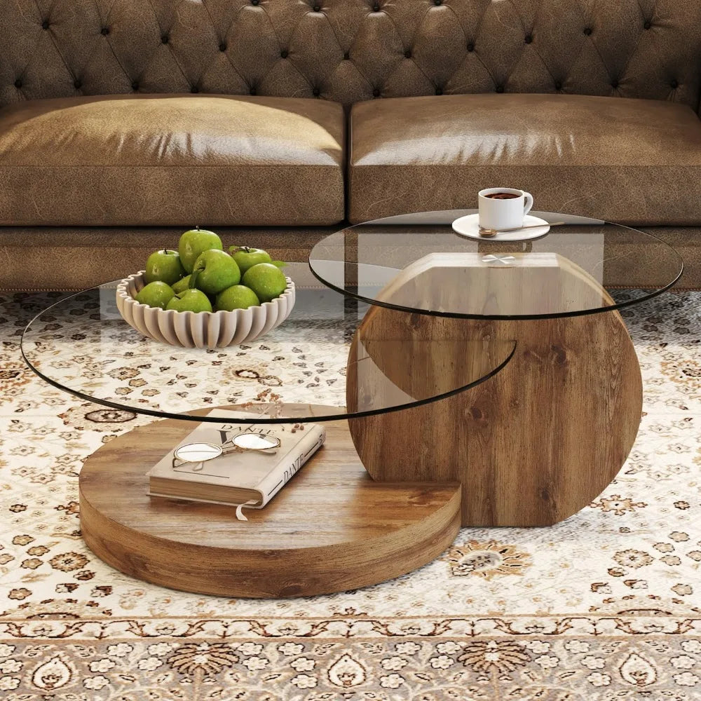 Modern Tempered Glass Coffee Table With Wood 3 Tier Design