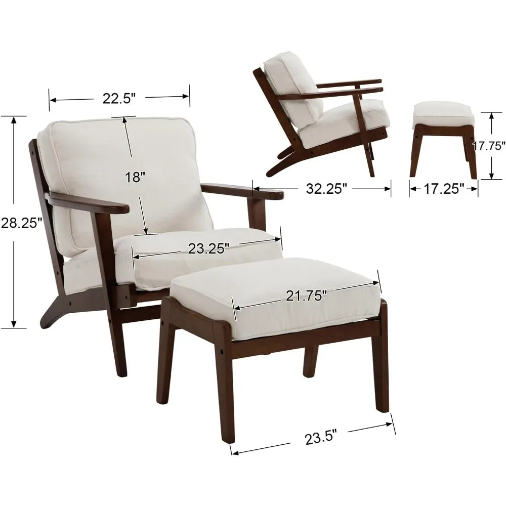 RBXC Mid Century Modern Accent Chair With Ottoman Walnut Linen