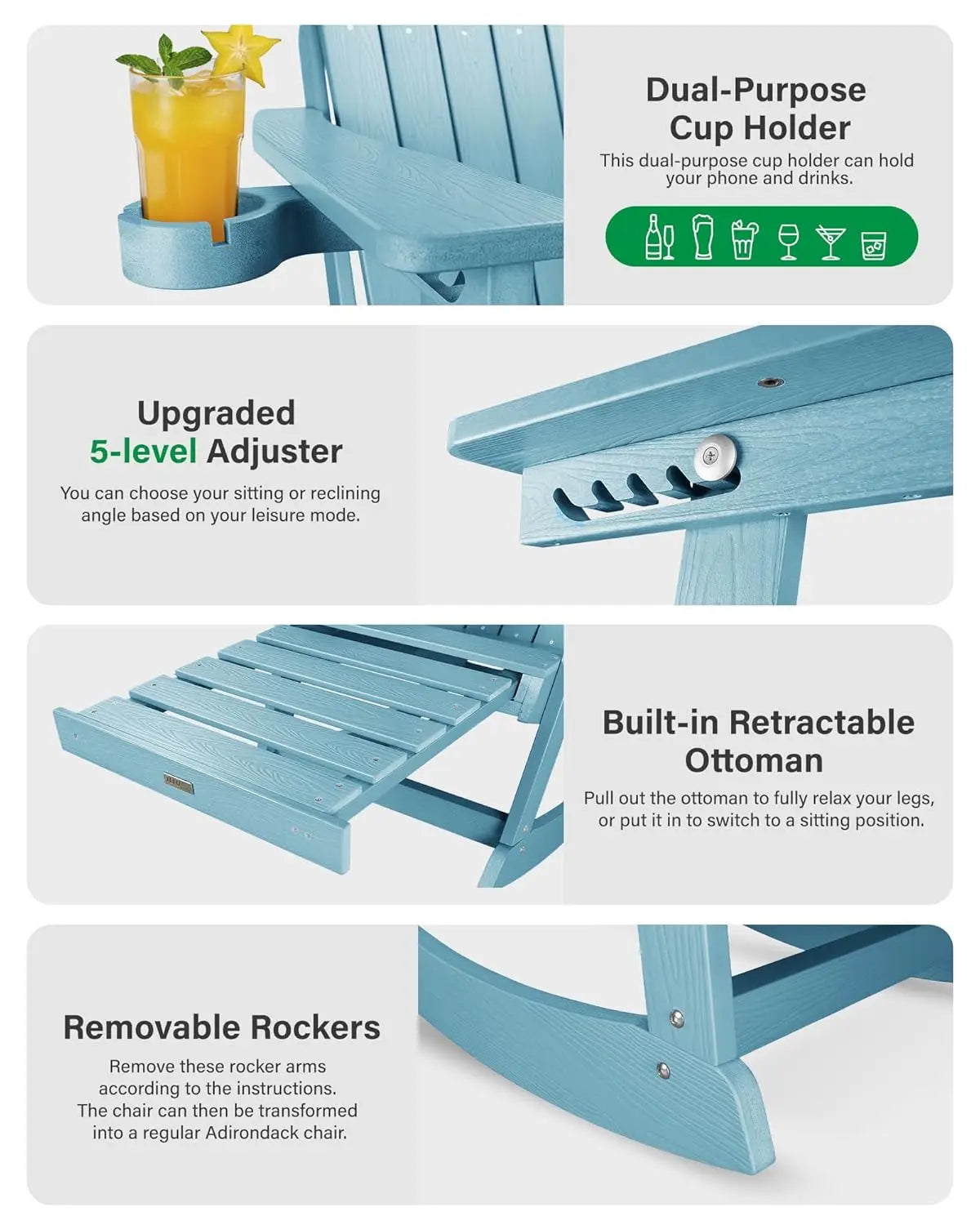Set of 2 Oversize Adirondack Chairs With Retractable Ottoman