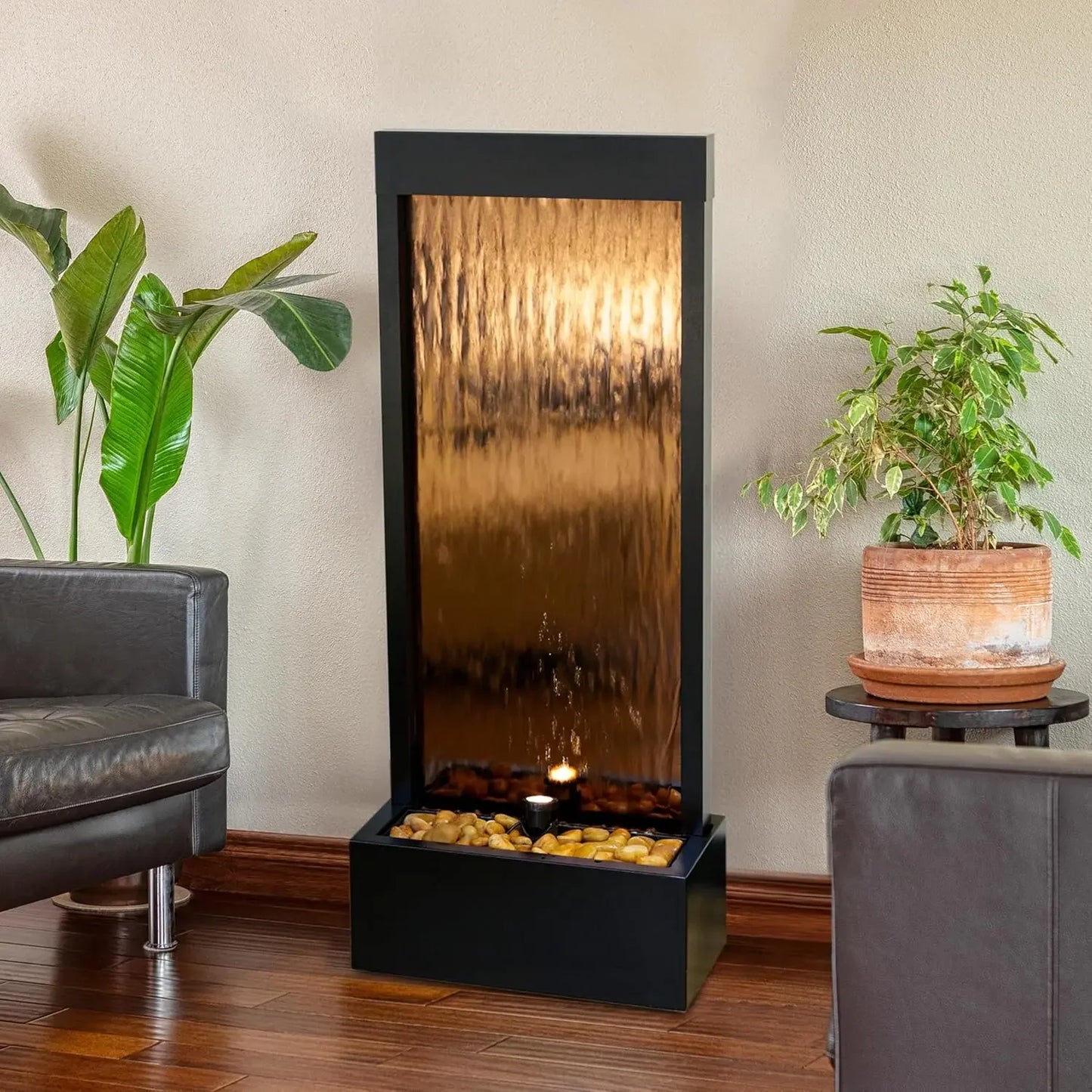 Mirror Waterfall Fountain With Stones And Lights For Zen Decor