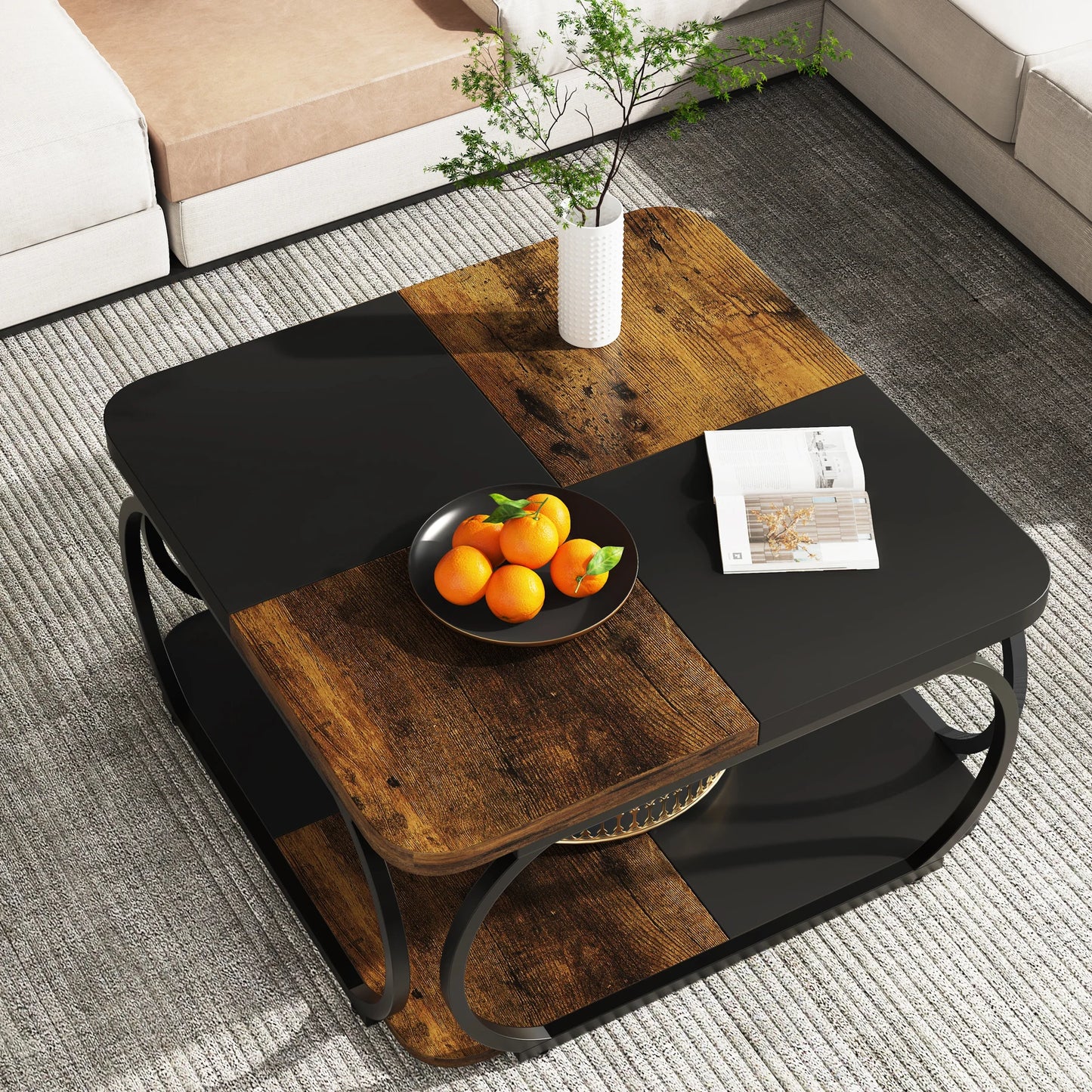 Tribesigns Square Coffee Table Two Tier Wood Storage Shelf