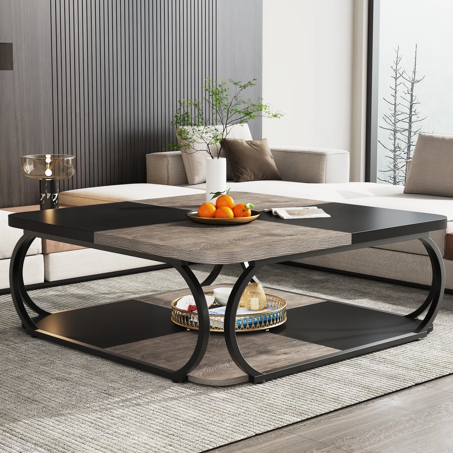 Tribesigns Square Coffee Table Two Tier Wood Storage Shelf